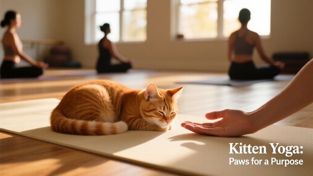 A relaxed kitten curled up on a yoga mat beside a participant’s hand, with soft lighting and a serene atmosphere