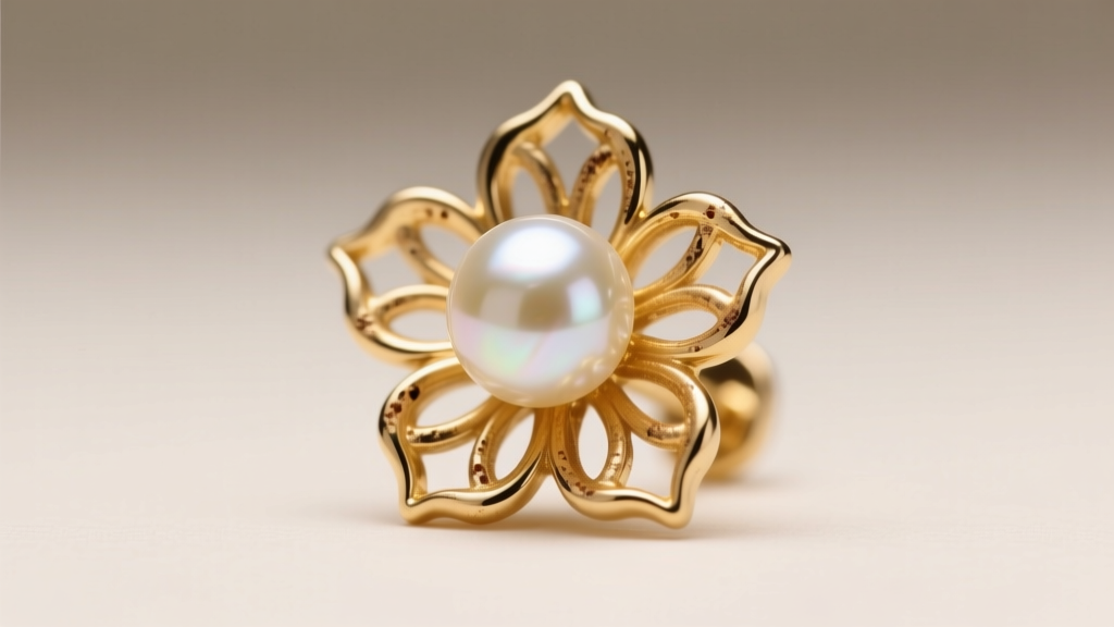 Close-up of 14k gold floral stud earring with 6mm Akoya pearl showing slight tarnish on metal petals under soft studio lighting.
