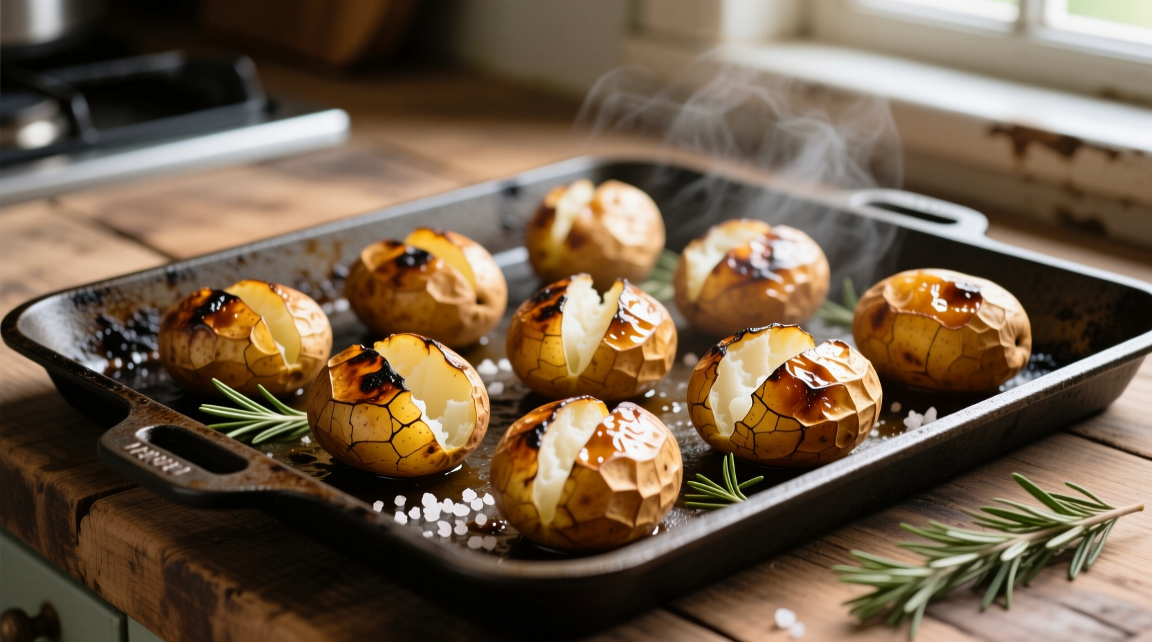 Crispy golden jacket potatoes on baking tray