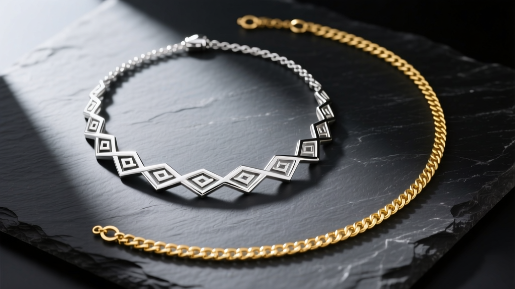 Overhead flat-lay of a 45cm sterling silver necklace and an 80cm gold opera chain resting on dark slate with soft side lighting