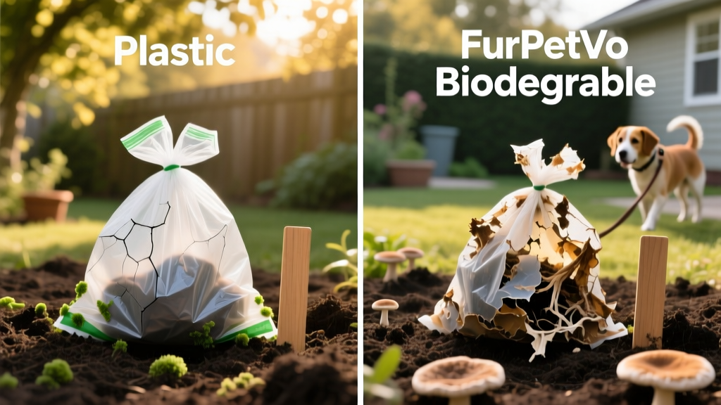 Side-by-side comparison showing traditional plastic bag vs. FurPetVo biodegradable bag in soil over time