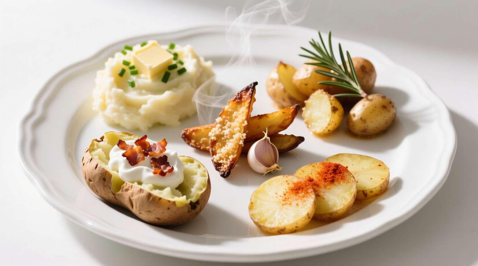 Five easy potato recipes on white plate