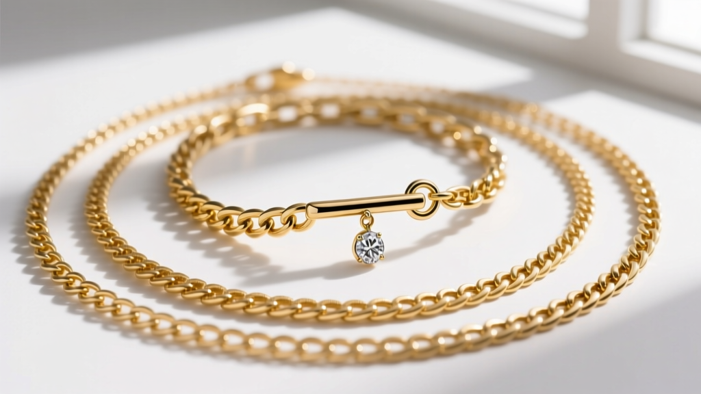 Flat lay of layered gold chains, middle strand featuring a prominent side-swept t bar toggle clasp with a small pave diamond drop