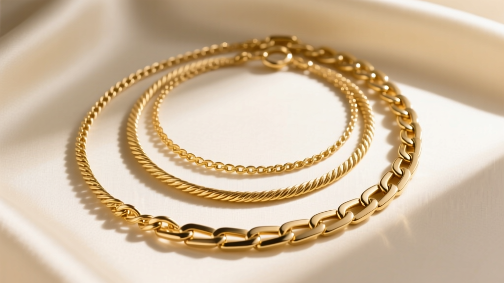 Three gold necklaces layered on cream silk, showing a delicate cable chain, a medium rope chain, and a thick Figaro chain.