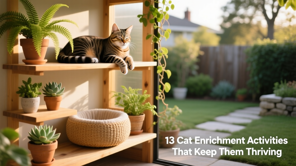 A well-designed catio with shelves, plants, and a cat relaxing on a sunlit perch
