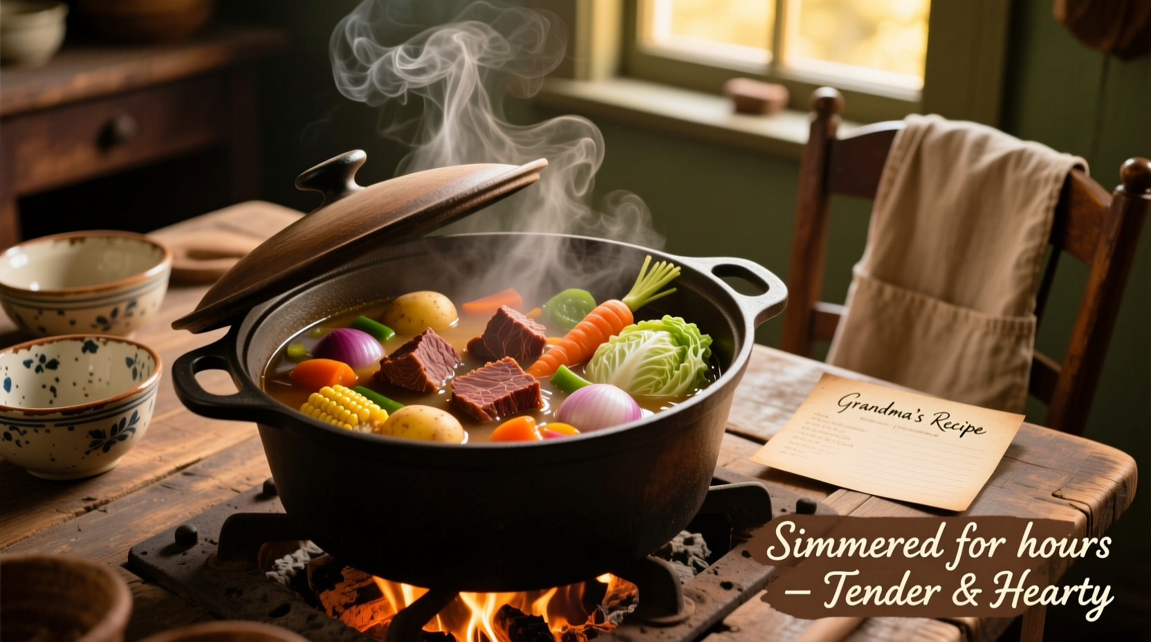 Corned beef simmering in pot with vegetables