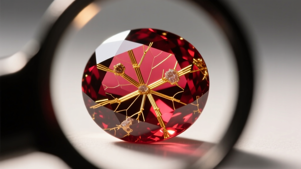 Close-up through a loupe of a Burmese ruby revealing fine intersecting rutile silk needles and natural inclusions in warm light