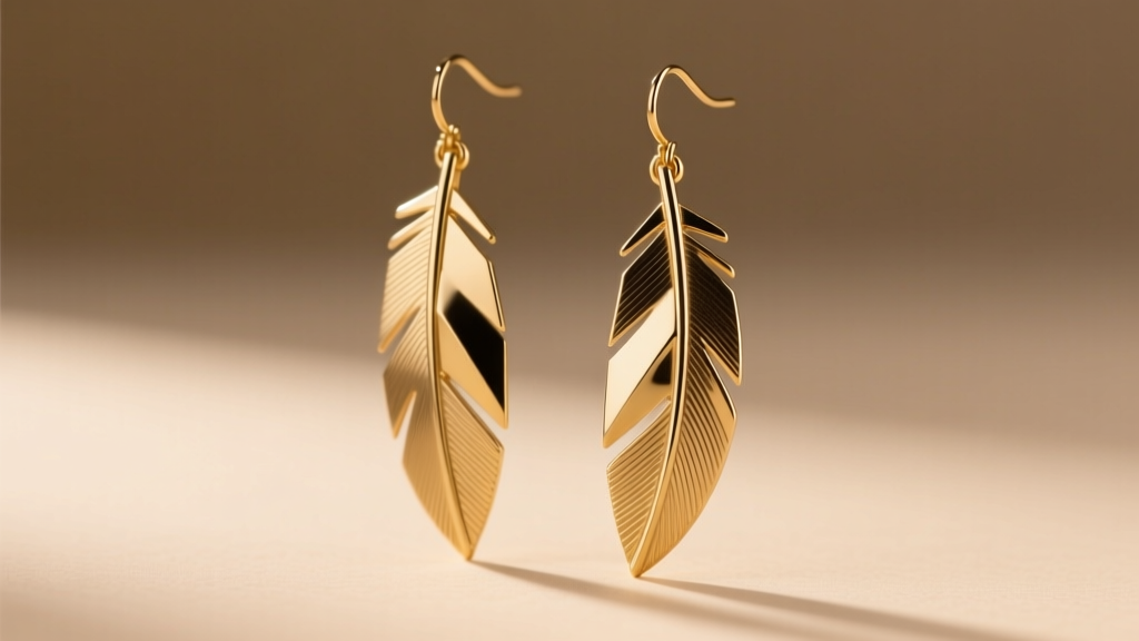 Close-up of elongated geometric brass metal feather earrings catching warm studio light against a minimalist beige background