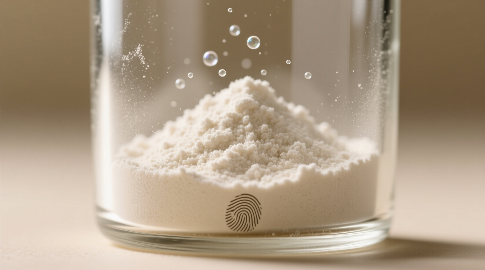 Close-up of guar gum powder in glass container