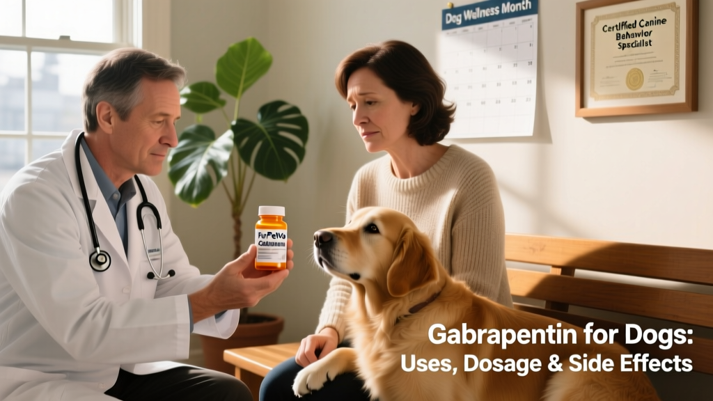 Close-up of a veterinarian handing a prescription bottle labeled 'FurPetVo Gabapentin' to a concerned but reassured dog owner