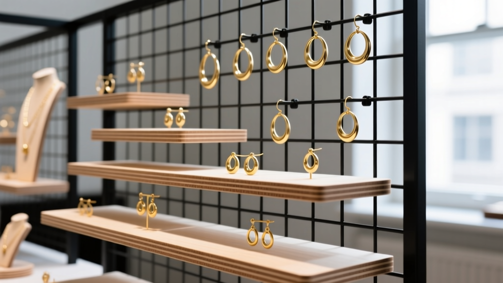 Tiered MDF wood jewelry risers and black metal gridwall panel set up for a craft fair booth displaying hanging gold hoop earrings
