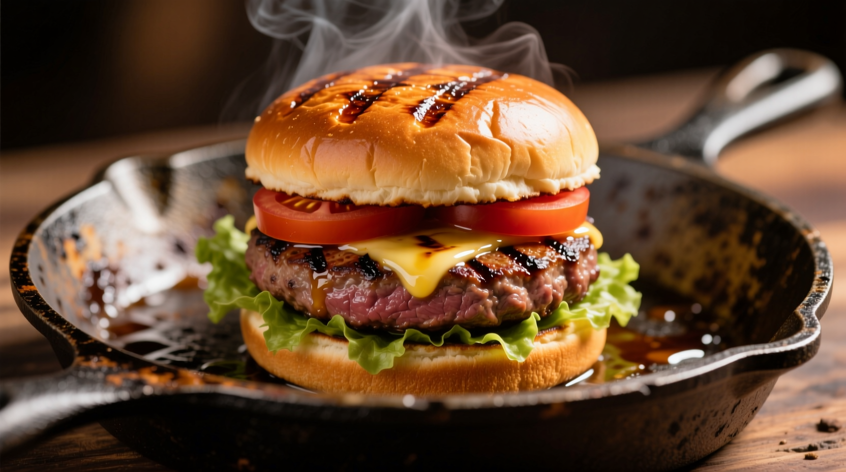 Perfectly seared burger with golden crust on cast iron skillet
