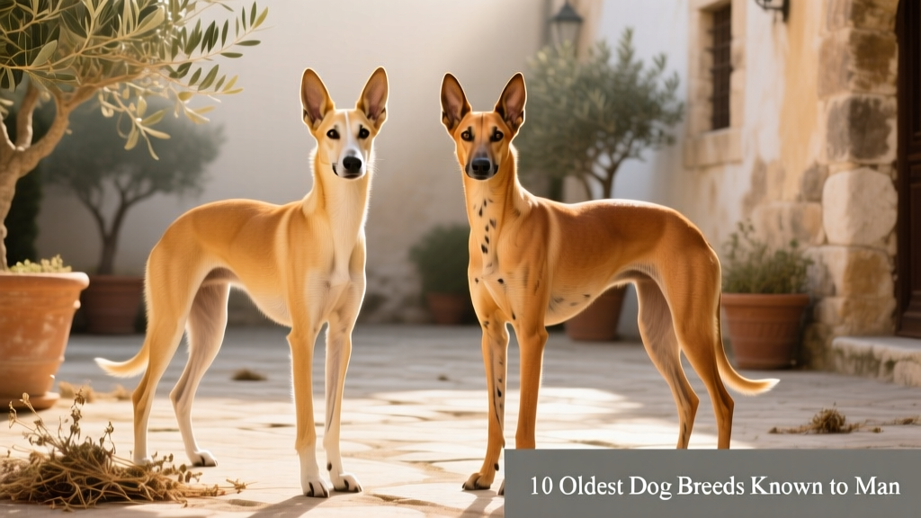 Side-by-side comparison of an Ibizan Hound and a Pharaoh Hound, highlighting their similar elegant builds and upright ears