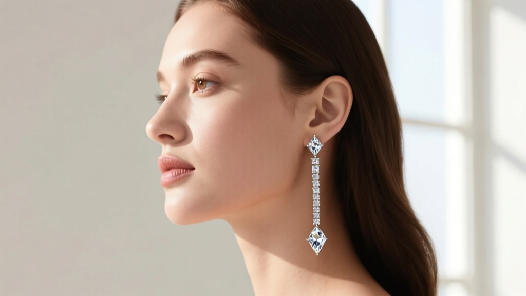 Side profile of a woman with a round face wearing elongated linear hanging diamond earrings to create a slimming visual effect.