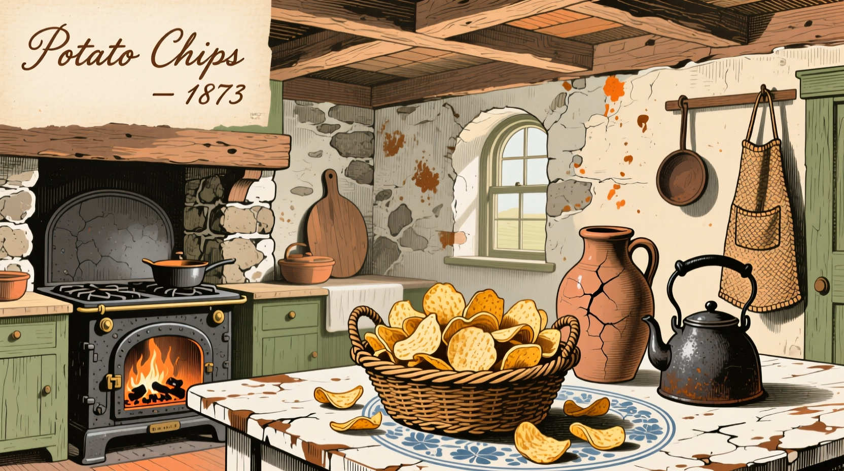 Vintage illustration of 19th century kitchen with potato chips