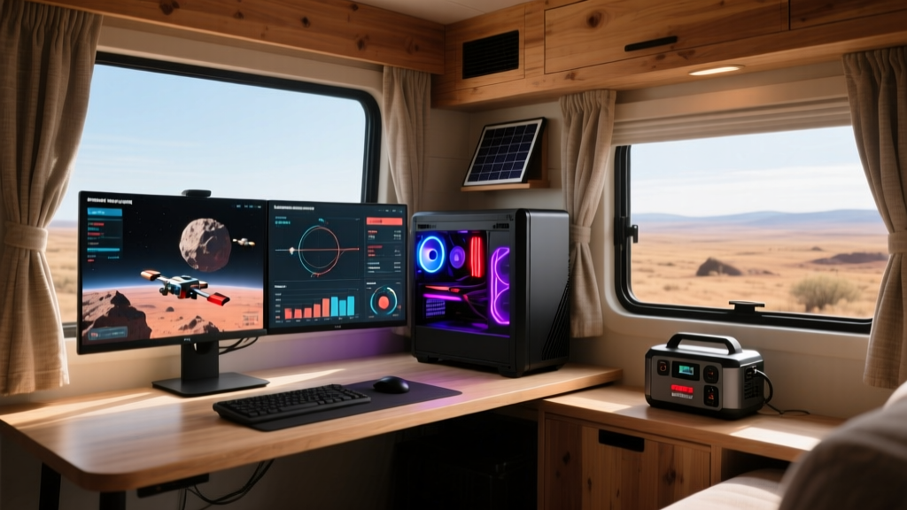 High-end gaming PC in an off-grid RV cabin, powered by a portable solar generator, displaying a complex space mining simulation.