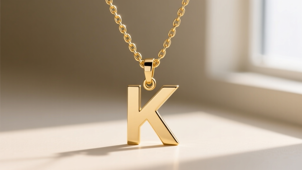 Extreme close-up of a 14k gold box chain threading through the top bail of a minimalist sans-serif initial K pendant necklace.