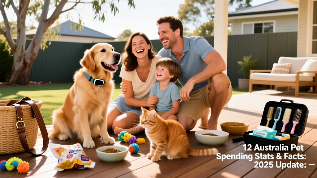 A joyful Australian family with a dog and cat, surrounded by pet toys, food bowls, and grooming supplies