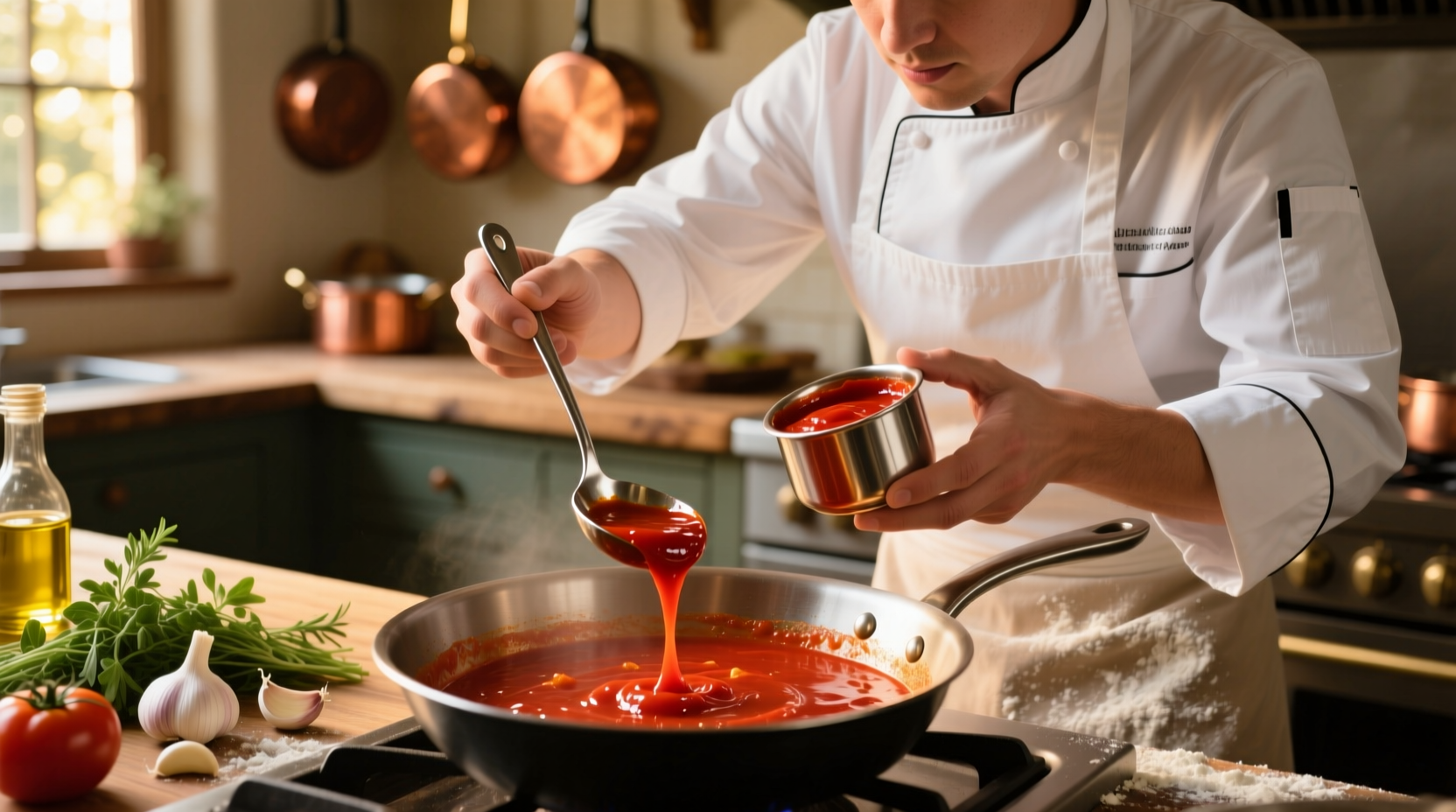 Chef measuring tomato paste into sauce mixture