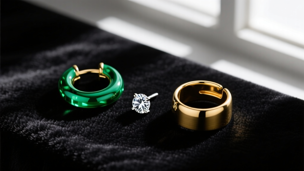 Flat lay of three stacked ear piercings featuring an emerald huggie, a diamond stud, and a gold cuff on dark velvet, top-down view.