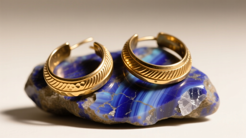 Macro shot of Sumerian gold hoop earrings on raw lapis lazuli, lit by warm gallery lighting to show hammered metal textures.