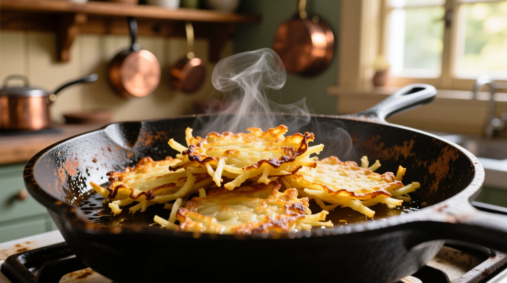 Golden shredded potato latkes on cast iron skillet