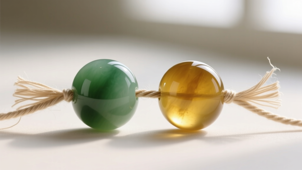 Macro shot of frayed beige silk thread between two polished green and yellow jade beads, highlighting the need for restringing.