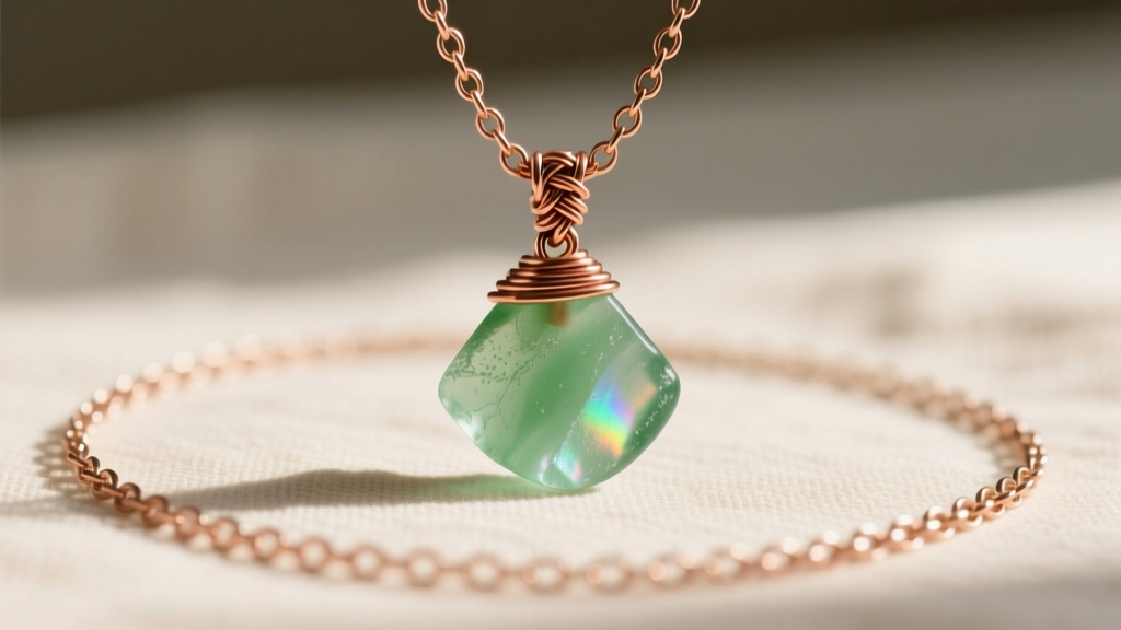 Close-up of a sea glass necklace pendant with a woven copper wire bail, hanging from an 18-inch rolo chain against cream linen.