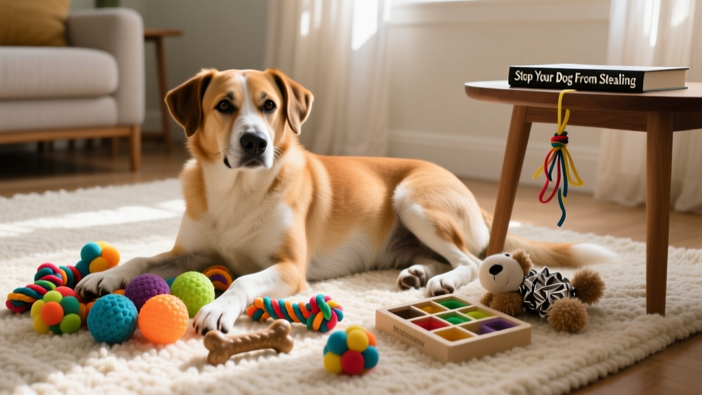 A relaxed dog lying on a rug beside a variety of colorful, chew-resistant toys and a treat puzzle