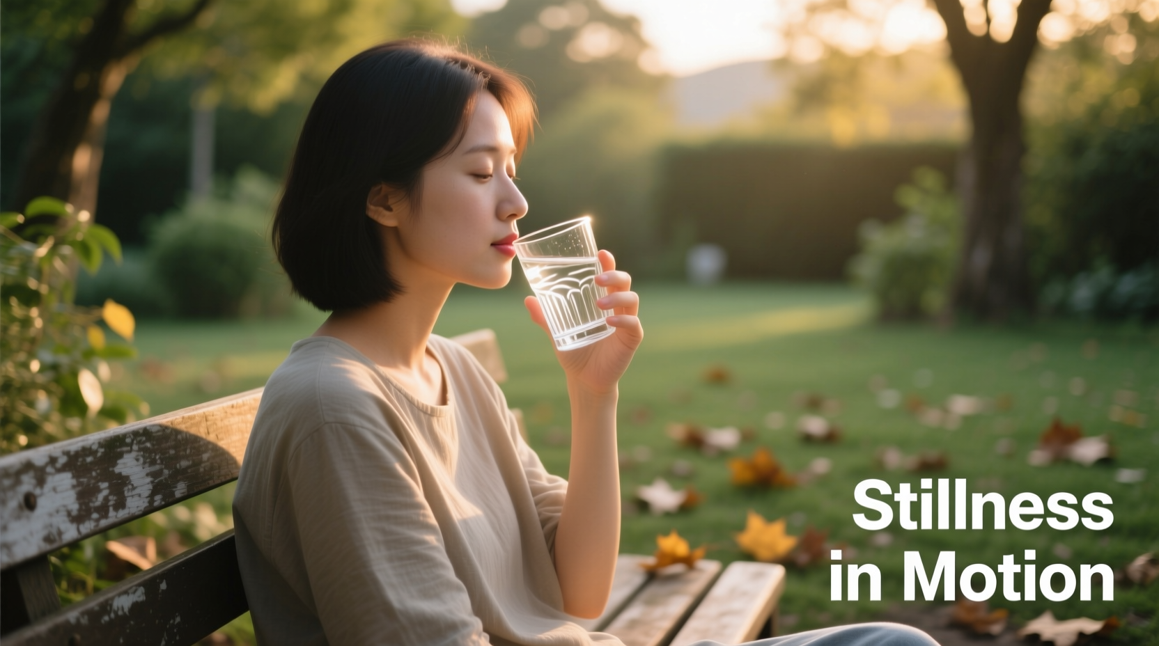 Person carefully sipping water from a glass while resting