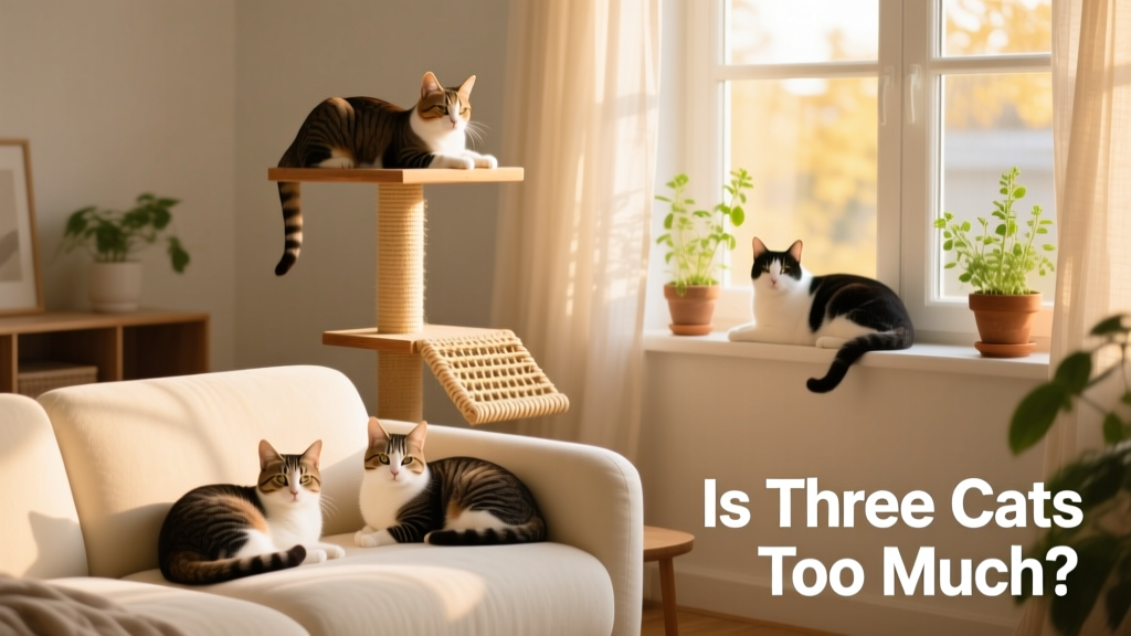 A happy, relaxed multi-cat household with cats resting in various cozy spots—on a sofa, a cat tree, and a sunny windowsill