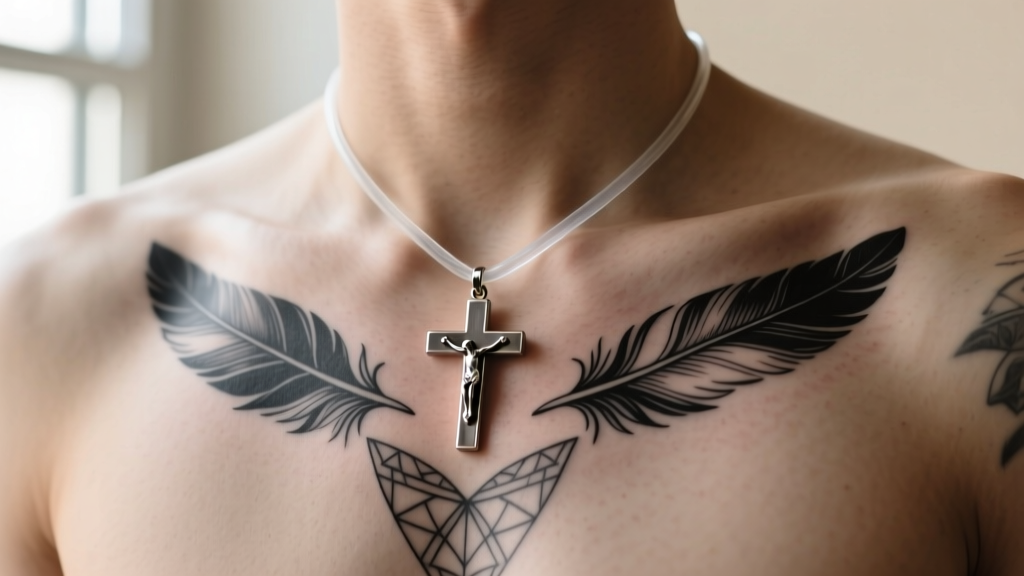 Healing black and grey sternum tattoo with a protective PTFE cord holding a small titanium crucifix pendant safely above skin