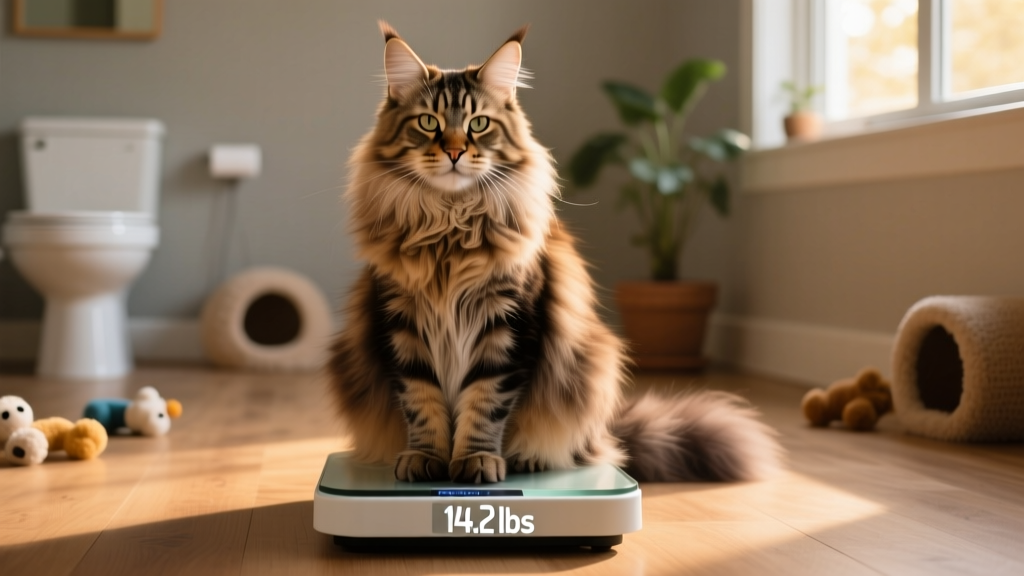 A Maine Coon cat sitting calmly on a scale, showing its impressive size and fluffy coat