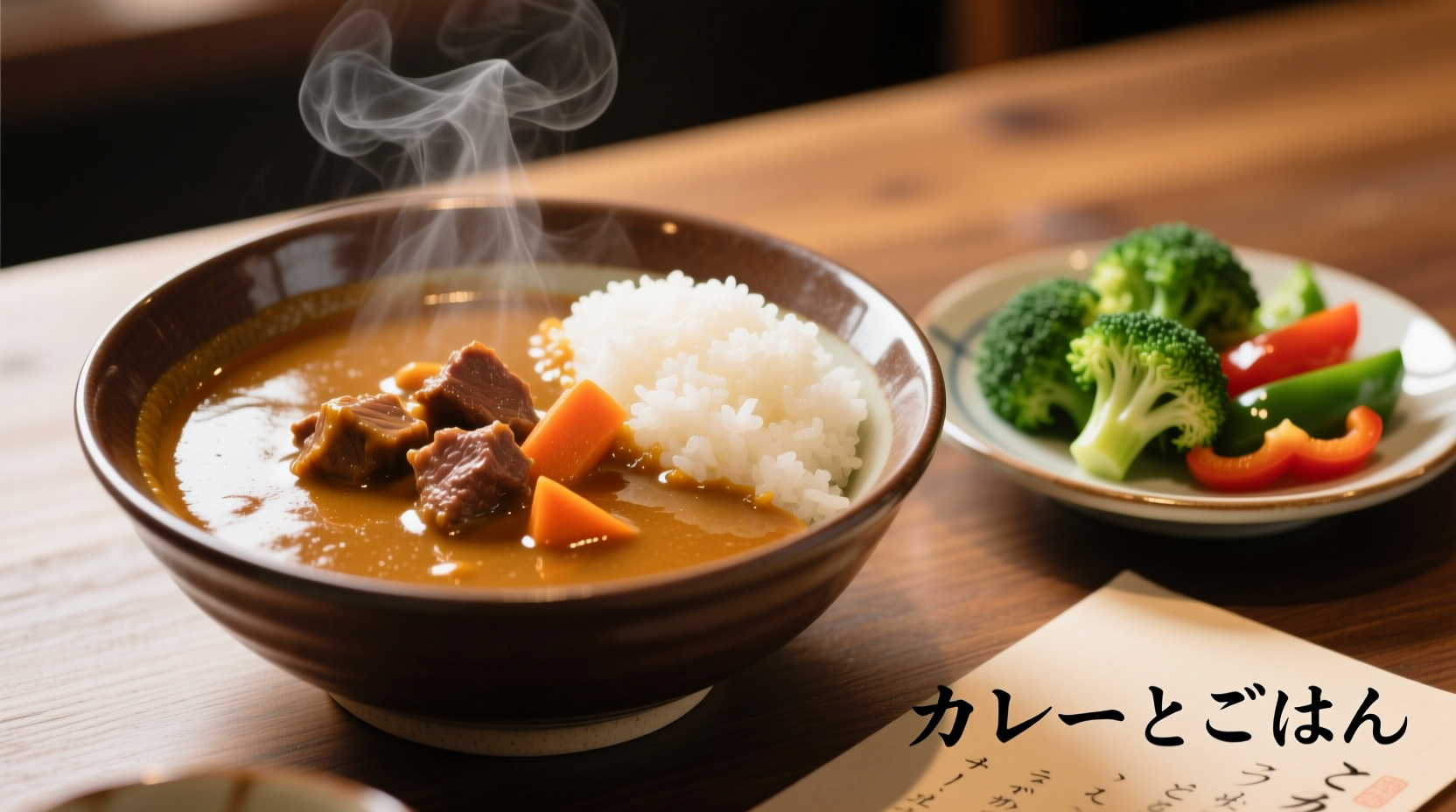 Japanese curry with rice and side vegetables