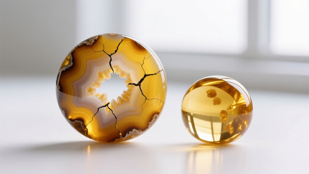 Macro view of dyed yellow agate beads showing color pooling in fractures, placed beside smooth and uniform natural citrine beads.