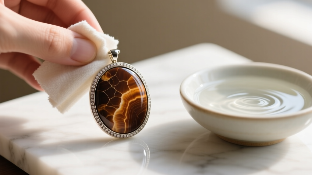 Hands gently wiping a bezel-set petrified wood pendant with a damp microfiber cloth next to a bowl of mild soapy distilled water.