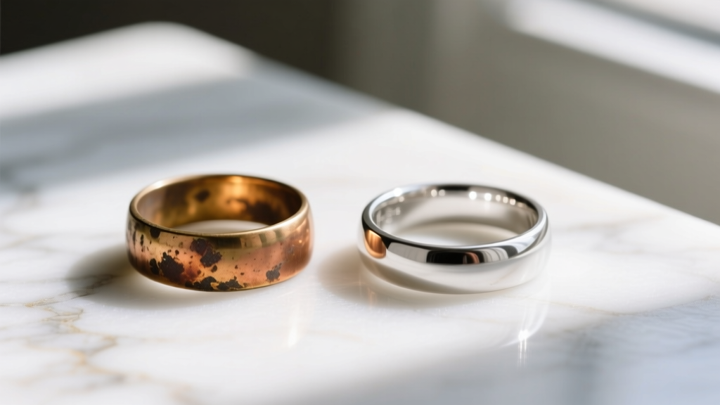 Tarnished brass fashion ring beside a pristine 14k white gold ring, showing oxidation differences on a bright marble surface