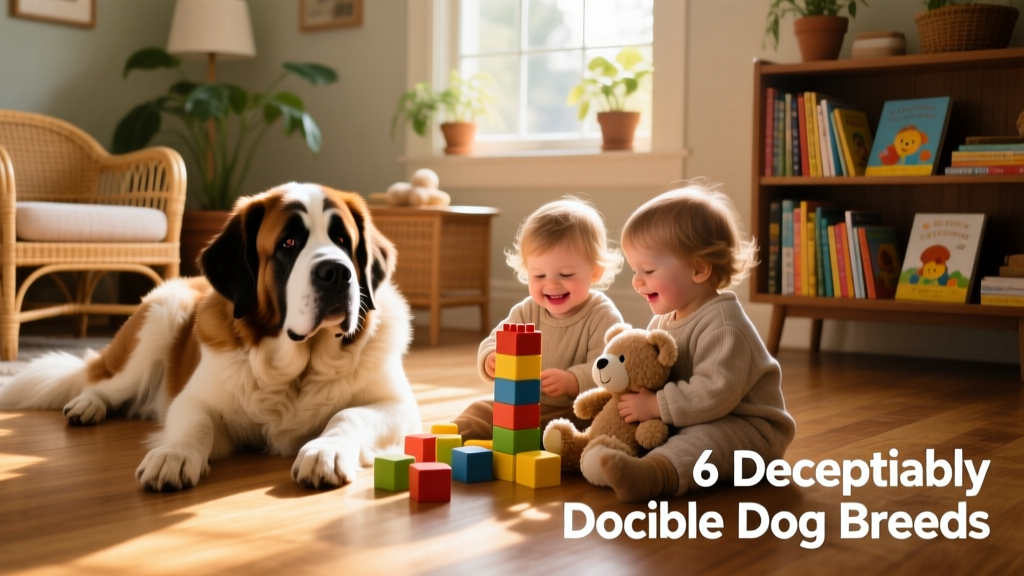 A smiling Saint Bernard lying calmly beside two toddlers playing with soft toys