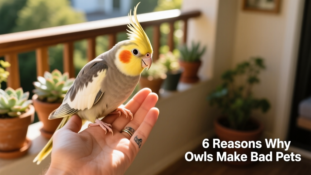 A calm, healthy cockatiel perched on a hand, illustrating safe, joyful human-bird interaction