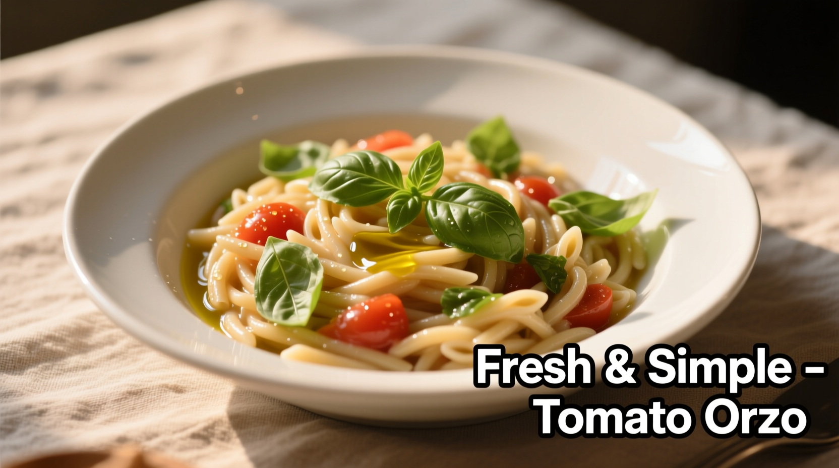 Cremiges Tomaten-Orzo in weißer Schüssel mit frischem Basilikum