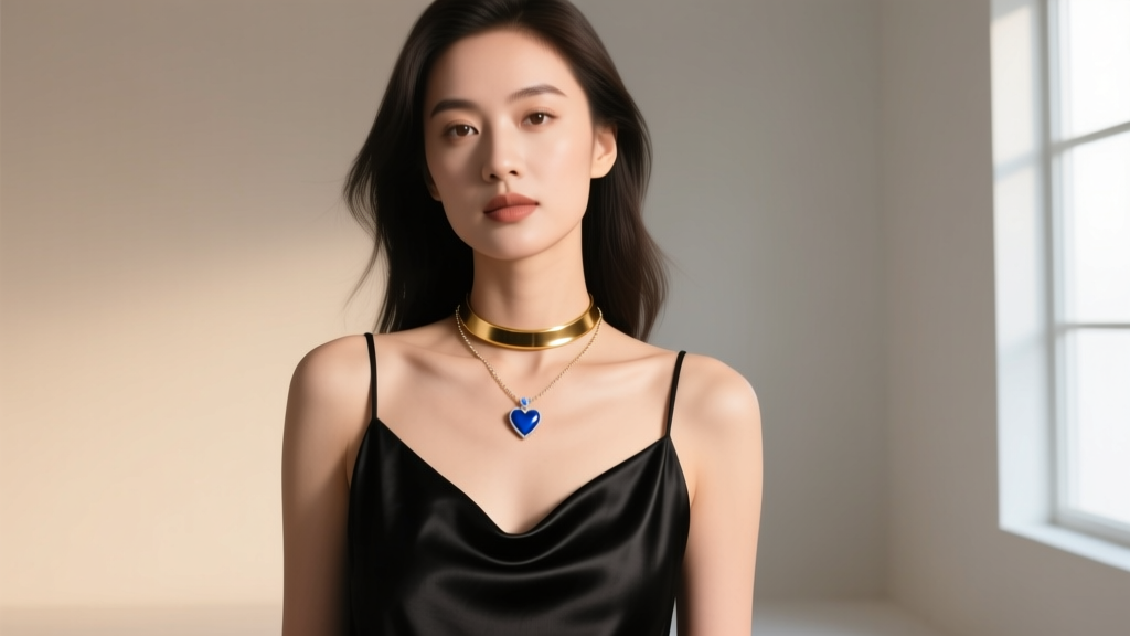 Editorial shot of a woman wearing a blue heart pendant necklace layered with a delicate gold choker over a black silk slip dress