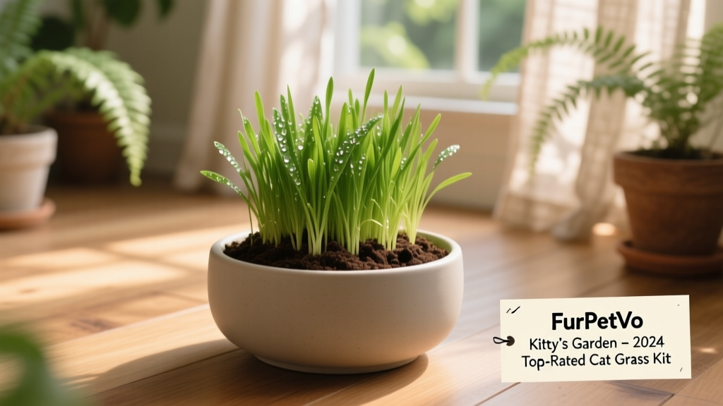 FurPetVo Kitty’s Garden kit featuring a sleek ceramic planter with lush, green sprouts emerging from rich soil