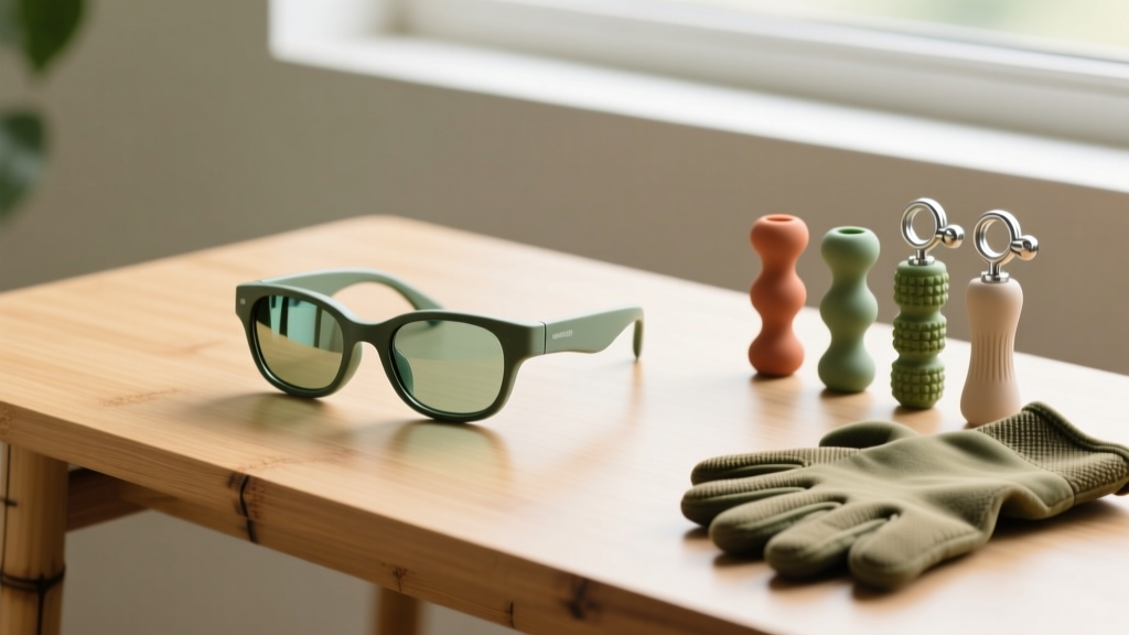 Sleek eco-friendly AR smart glasses resting on a bamboo desk next to sustainable hand therapy gadgets and recycled neoprene gloves