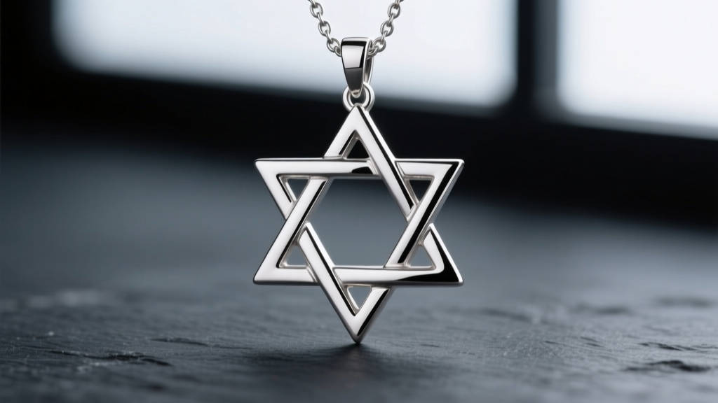 Macro shot of a unique Star of David necklace in brushed platinum, showing geometric lines and a hidden bail on dark slate.