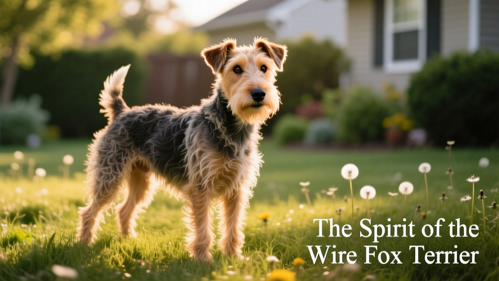 Wire Fox Terrier standing alertly on grass, showcasing its wiry coat and expressive face