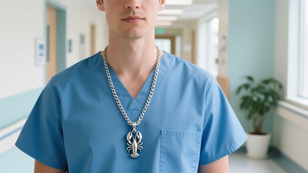 A medical worker in blue scrubs wearing a 20-inch surgical stainless steel St Raphael necklace with a secure lobster clasp.