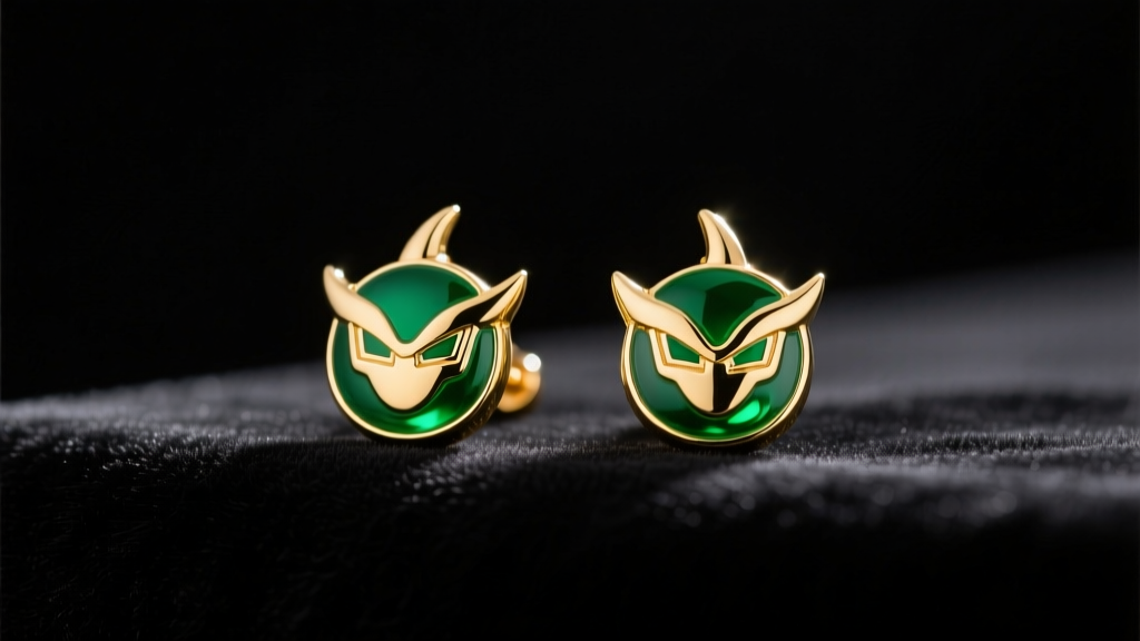 Gold and green Dragon Ball Z Potara earrings resting on black velvet, soft studio lighting highlighting the detailed enamel finish.