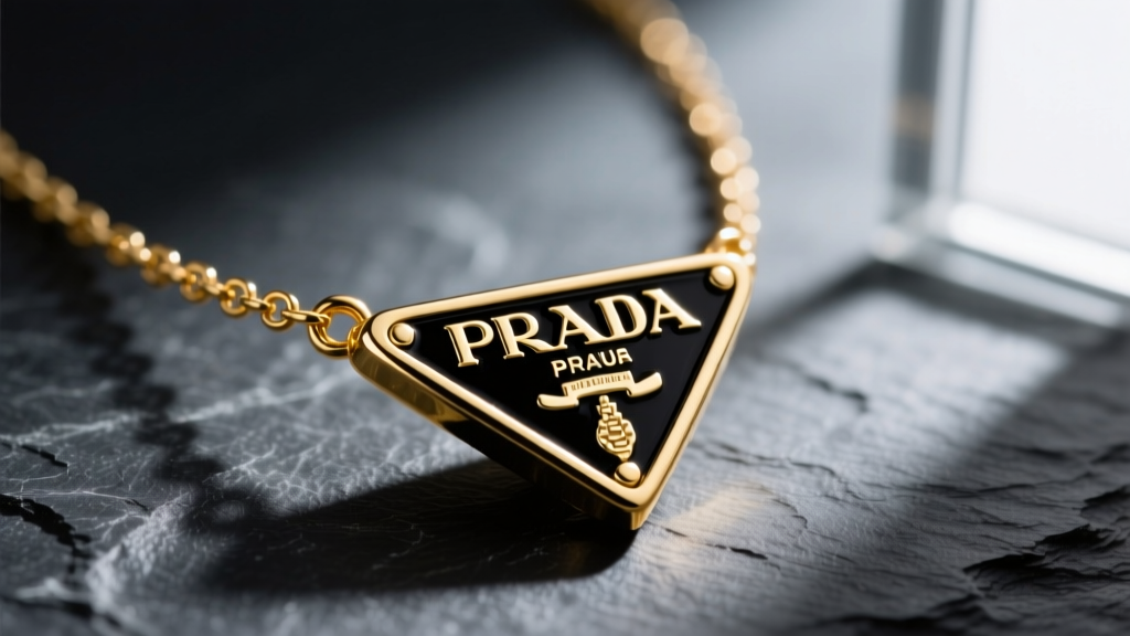 Macro photography of a gold-plated Prada necklace featuring the iconic black enameled triangle logo resting on dark slate