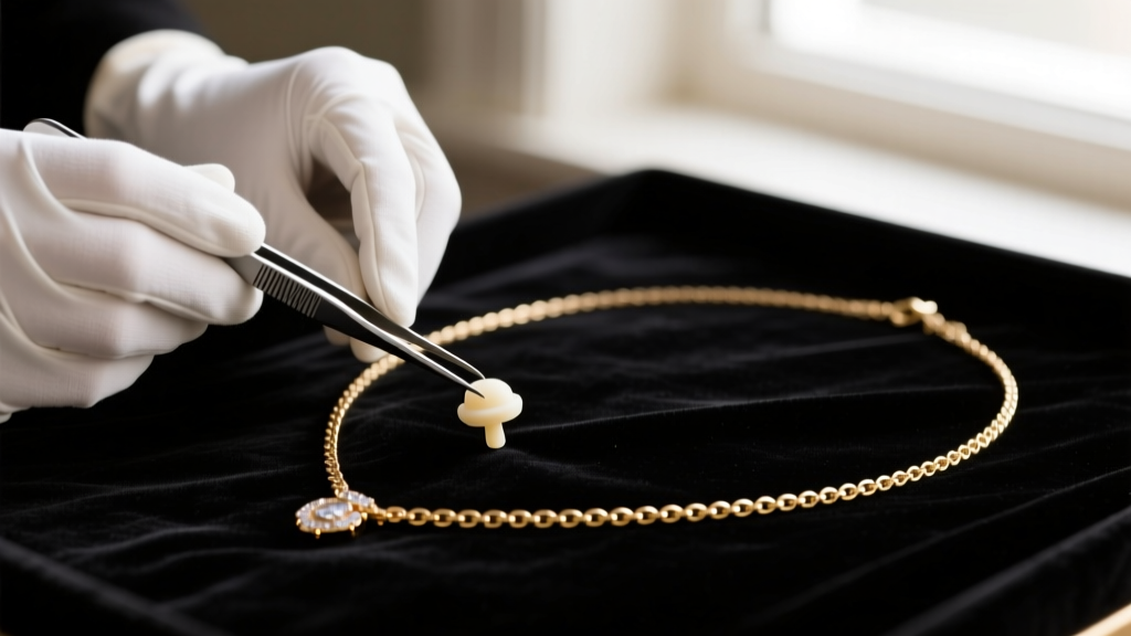 Jeweler using tweezers to place a silicone anti-flip stopper on a 20-inch matinee cleavage necklace chain resting on dark velvet
