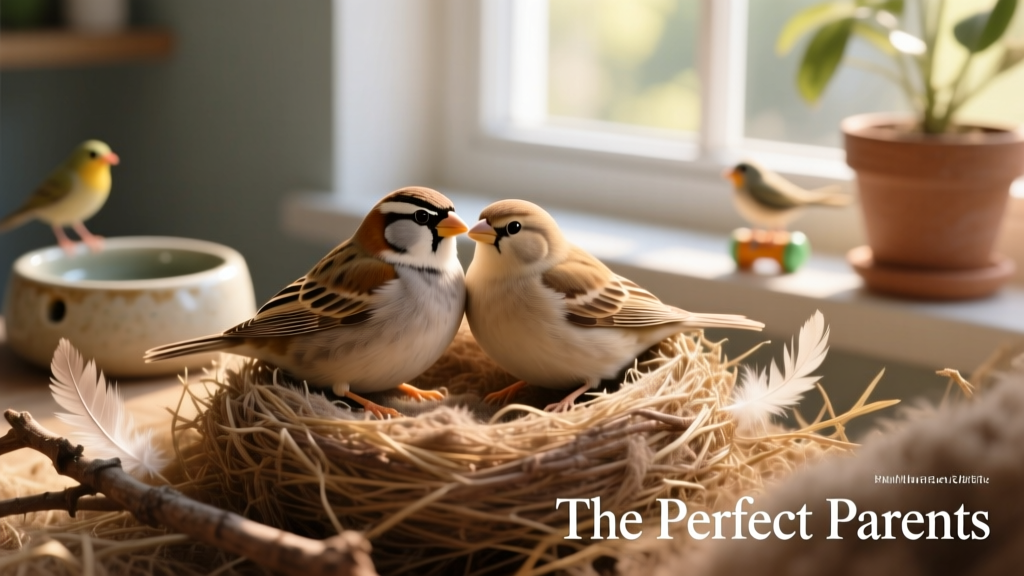 A pair of society finches perched together on a woven nest, surrounded by soft nesting material